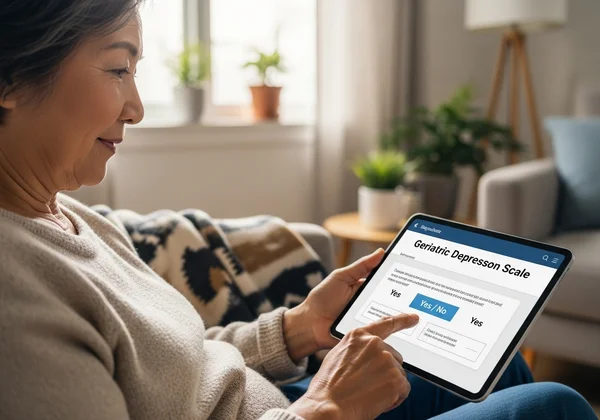Senior uses online GDS screening tool on tablet