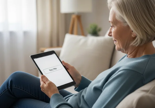 Persona mayor utilizando con confianza una tableta para la evaluación en línea de la EDG