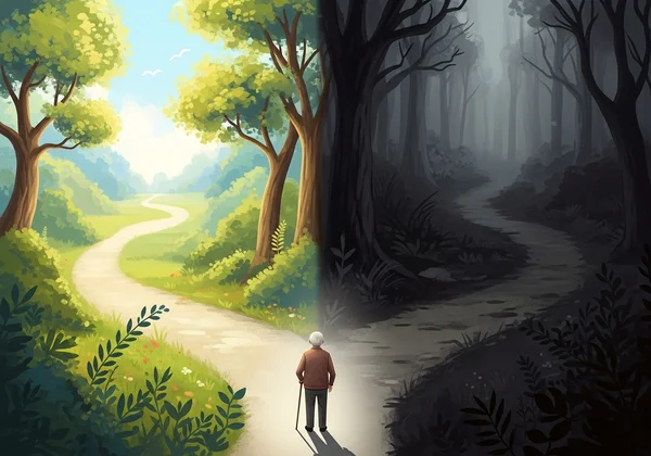 Path diverging, one bright aging, one shadowed depression.