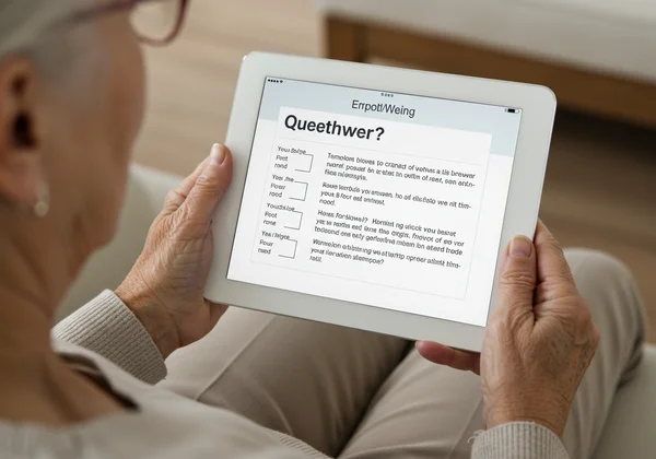 Senior answers GDS questions on a tablet screen, focus on feelings.