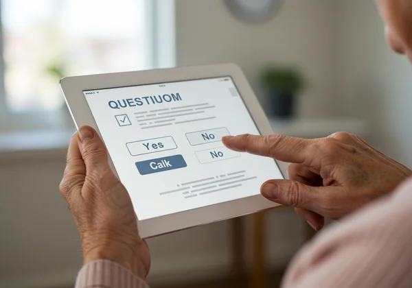 Senior quickly answering GDS-15 questions on a tablet