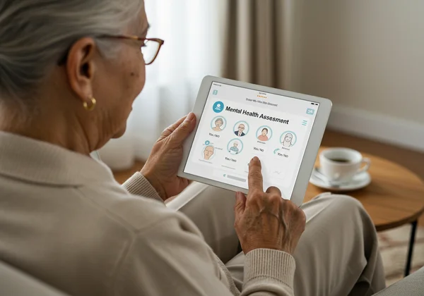 Older adult engaging with a digital mental health screen