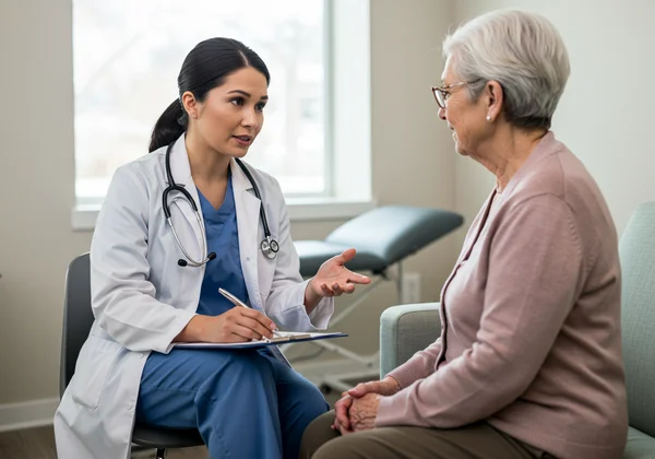 Doctor consulting with older patient about mental health.