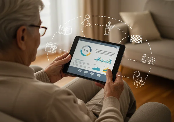 Senior viewing personalized GDS insights on a tablet.