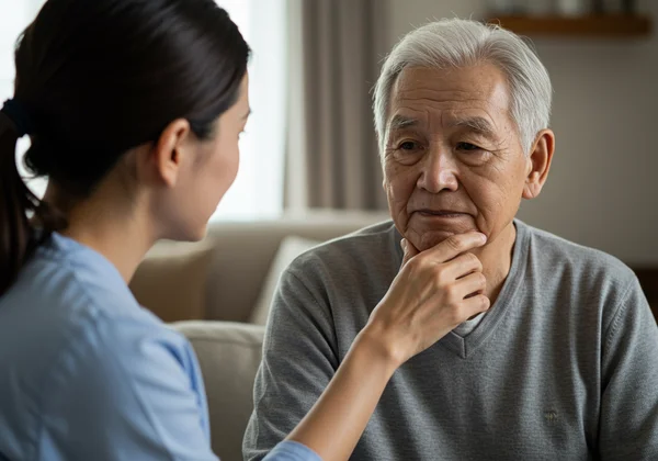 Caregiver observing an older adult for subtle mood changes.