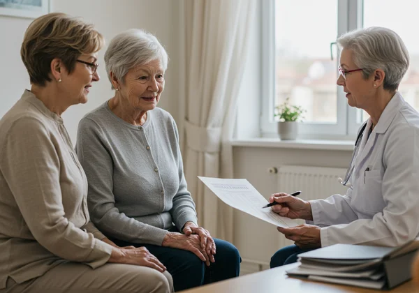 Caregiver, senior, and doctor discussing mental health.