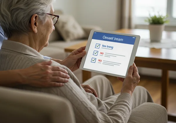 Senior and caregiver using a tablet for a GDS assessment.