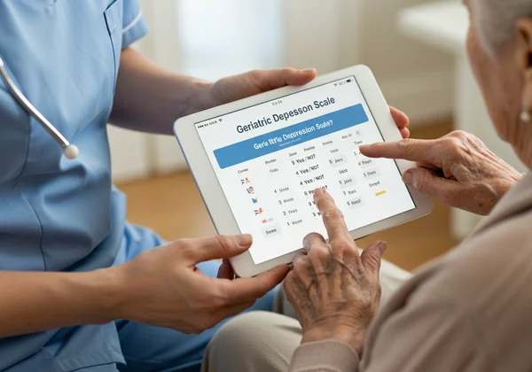 A caregiver showing an elderly person the GDS test on a tablet.