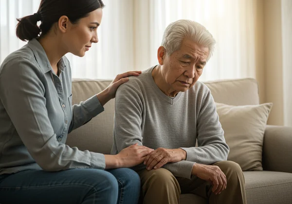 A supportive caregiver with a hand on an elderly person's arm.