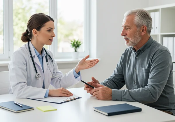 Senior patient discussing GDS score with a compassionate doctor
