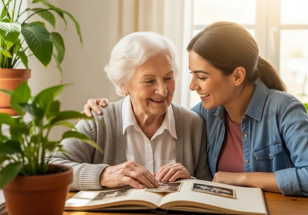 Senior and caregiver share moment of connection and support
