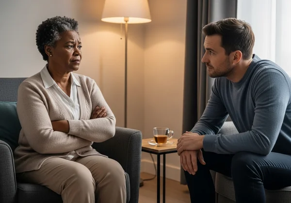 Senior showing non-verbal discomfort during mental health talk
